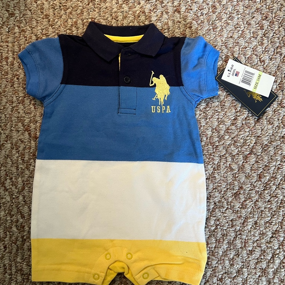U.S. Polo Assn. Navy, Blue & Yellow Striped Baby Polo Romper